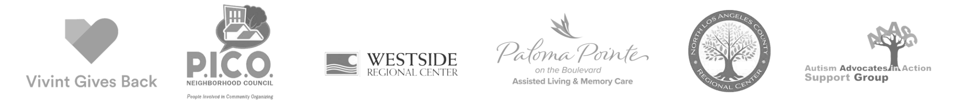 Community partner logos: Vivint Gives Back, PICO Neighborhood Council, Westside Regional Center, Paloma Pointe, Autism Advocates in Action Support Group
